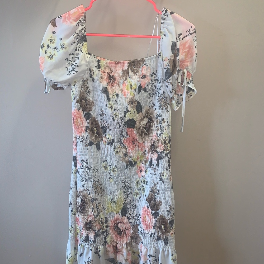 Never worn Maternity Dress- Smocked Grey Floral Mini Dress